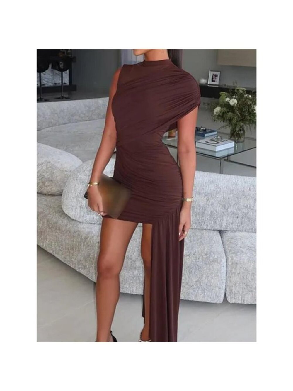 Ruched Asymmetrical Mock Neck Dress